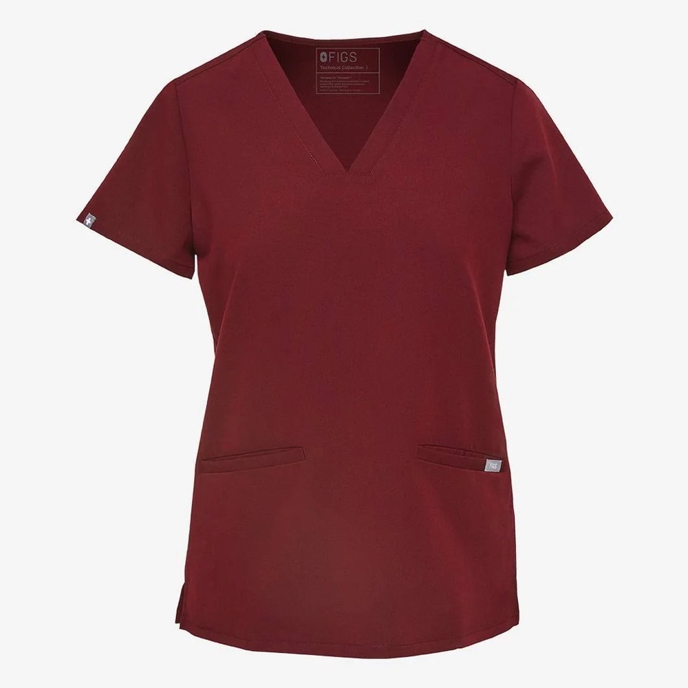 Figs Women's Maroon V-Neck Short Sleeve Casma Top